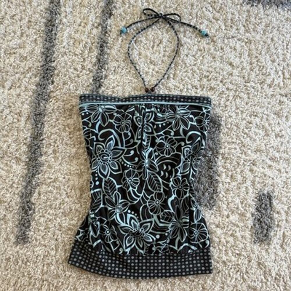 Vtg Y2K Small Festival Tank Top Halter Blue Fairy Built In Bra Brown Blue Floral